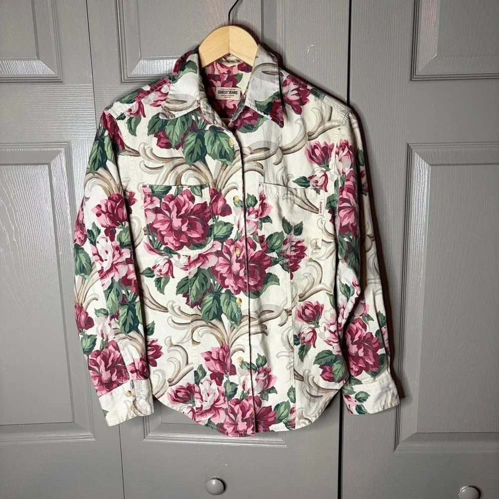 Vintage Guess Jeans Floral Rose Button Up Shirt Women Large Made in USA Y2K 90s